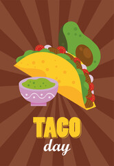 Sticker - taco day celebration mexican poster with guacamole sauce and avocado