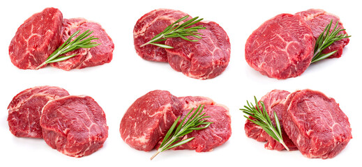 Wall Mural - Raw beef meat isolated on white background. Collection beef fillet slice.