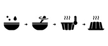 Cooking Pudding Or Homemade Muffin In Fluted Cake Pan. Step By Step Recipe Based On Adding Milk, Water, Dry Powder Mix, Oil. Silhouette Icons. Baking Process, Instruction. Black Flat Vector
