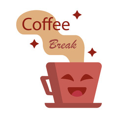 Wall Mural - Cartoon coffee cup with laughing face and text, flat design, vector illustration.