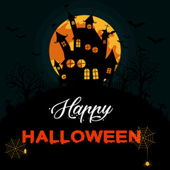 Wall Mural - Halloween greeting card. castle near cemetery. flying bats and moon. vector