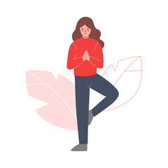 Poster - Girl Meditating to Calm Down Stressful Emotion, Person Relaxing, Reducing and Managing Stress Cartoon Style Vector Illustration