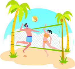 Wall Mural - Masked man and woman are playing volley together at the beach during holiday illustration