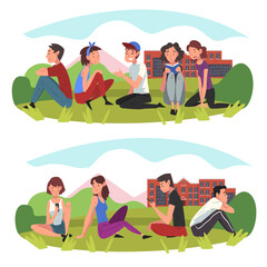 Poster - Students Sitting on Lawn in front of College Building Set, Boys and Girls Talking to Each Other Vector Illustration