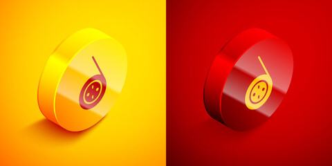 Sticker - Isometric Yoyo toy icon isolated on orange and red background. Circle button. Vector.