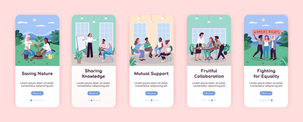 Wall Mural - women in society onboarding mobile app screen flat vector template. support, equality, sharing. walk