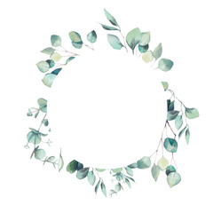 Wall Mural - Watercolor greenery branches frame. Hand painted floral template: round eucalyptus frame isolated on white background.