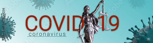 Cuadros en Lienzo Covid-19 Corona Virus and Law Banner Illustration - Blue Banner with Virus and S