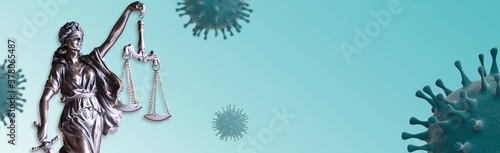 Covid-19 Corona Virus and Law Banner Illustration copie space - Blue Banner with Virus and Statue of Law