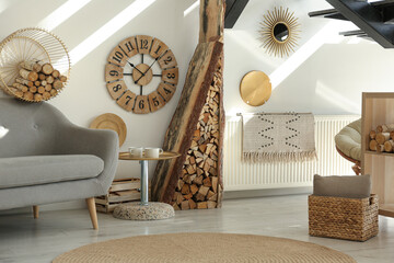 Wall Mural - Stylish room interior with firewood as decorative element