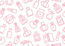 Perfume Bottles Seamless Pattern With Line Icons. Vector Background Illustration Included Icon As Glass Sprayer, Luxury Parfum Sampler, Essential Oil, Cologne Pink White Wallpaper For Cosmetic Store