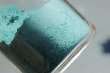 Fine Blue Powder Of Copper Carbonate In A Glass Jar, The Substance Is Used As A Pigment For Paints.