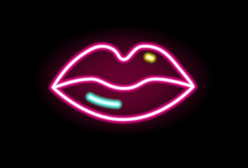 Wall Mural - Fashion red lips neon line illumination vector flat illustration in outline style. Female mouth sign of kiss or love isolated on black. Glowing romantic symbol decorated with design elements
