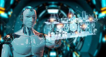 Aufkleber - Robot holding and touching holographic tubes samples projection 3D rendering