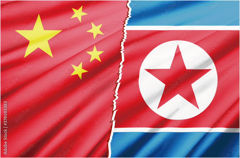 国家間の対立のイメージの2つの国旗のリアルイラスト 北朝鮮 朝鮮民主主義人民共和国と中国 中華人民共和国 National Flag Business Wall Mural Busine Globeds