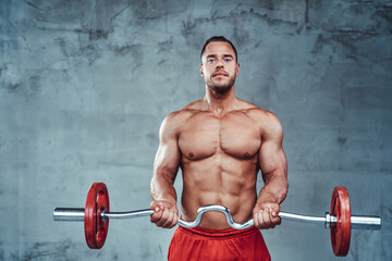 Wall Mural - Sportsman with naked torso and strong hands keeping fit and lifting darbell in custom background.