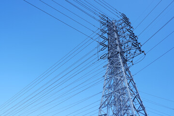 Power transmission tower, electricity tower, electricity wire,
Blue sky background, 送電タワー、高圧電線,
青空