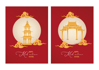 Poster - happy mid autumn lettering card with chinese arch and castle