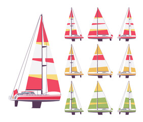 Wall Mural - Sailing yacht set, sport, cruising, racing vessel with striped sail. Watercraft to enjoy wave speed and freedom in sea, ocean navigation hobby. Vector flat style cartoon illustration, different views