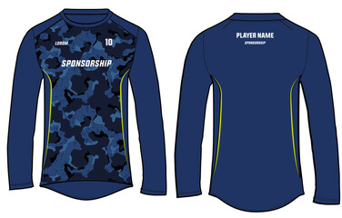 Camouflage sports long sleeve t-shirt jersey design template, mock up uniform kit with front and back view