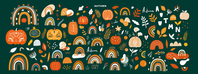 Vector collection with autumn symbols and elements. Autumn pumpkins and Rainbows