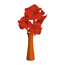 Orange Vase With Realistic Red Flowers. 3D. Vector Illustration