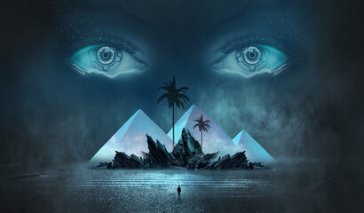 Wall Mural - fantasy night landscape, egyptian pyramids and female eyes. reflection in the water of neon light, p
