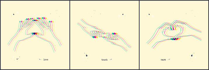 Canvas Print - Heart shaped, reaching hands. Hand gesture set. Glitch stereo effect