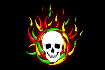 Really hot mexican peppers. Green and red peppers on the background of fire with a burning skull. Vector