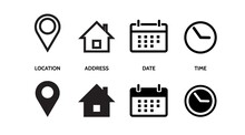 Location, Address, Date, Time, Contact, Calendar, Home. Set Icons Vector Line Illustration