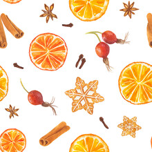 Watercolor Seamless Pattern With Christmas Gingerbread Cookies, Orange, Rose Hip, Star Anise And Cinnamon