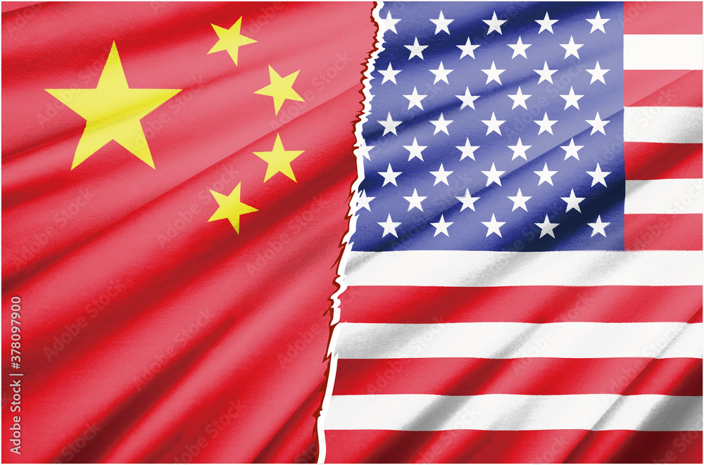 国家間の対立のイメージの2つの国旗のリアルイラスト アメリカと中国 中華人民共和国 National Flag Wall Mural Globeds