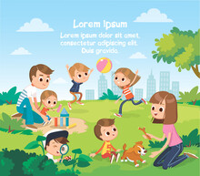 Vector portrait of happy family members relax rest play outdoors in the park doing summer activities.Parents with children spend weekend together, mother, father and children having fun on playground.