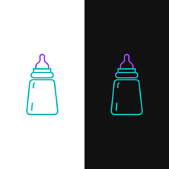 Poster - Line Baby bottle icon isolated on white and black background. Feeding bottle icon. Milk bottle sign. Colorful outline concept. Vector.