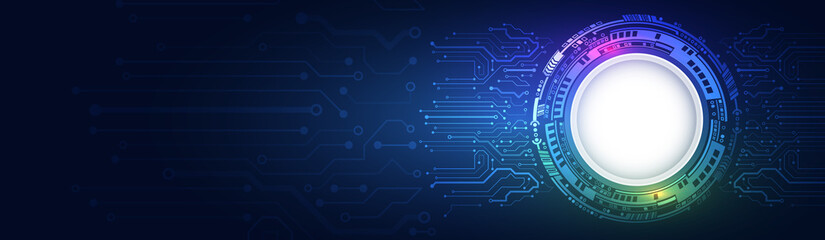 Hi-tech vector illustration with various technology elements. Wide Cyber security internet and networking concept. Abstract global sci fi concept.  Digital internet communication on blue background
