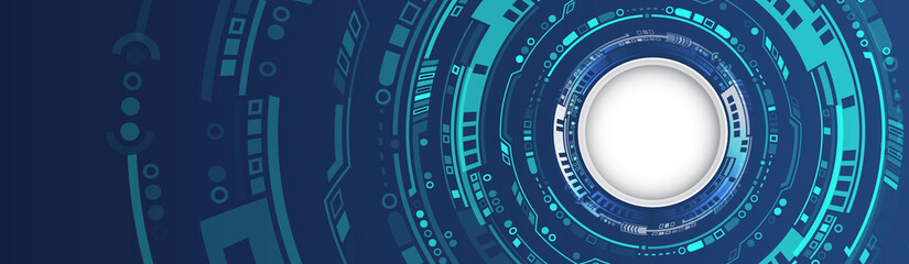 Wide Hi-tech vector illustration with various technology elements. Cyber security internet and networking concept. Digital internet communication on grey background. Abstract global sci fi concept.