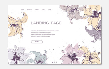Landing page template with hand drawn colorful lilies on white background. Floral design vector illustration concept for website development