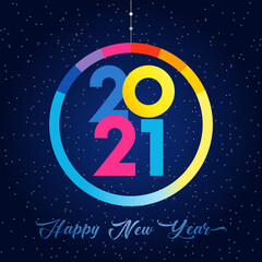Wall Mural - 2021 A Happy New Year symbol concept. Round logotype. Abstract isolated graphic design template. Coloured numbers. Christmas season creative decoration. Snowy backdrop, stars and cute colorful digits.