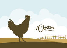 Cartoon Scene With Silhouette Of Cock On Background Of Farm Field.