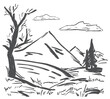 Vector illustration: Hand drawn Landscape with Mountains, pine and dry tree in the foreground. Sketch