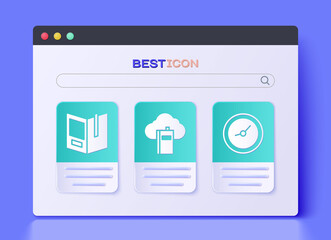 Set Cloud or online library, Open book and Clock icon. Vector.