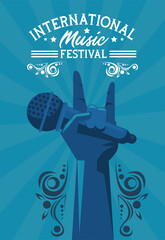 Wall Mural - international music festival poster with hand lifting microphone in blue background