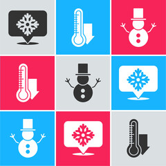 Wall Mural - Set Snowflake with speech bubble, Meteorology thermometer measuring and Christmas snowman icon. Vector.