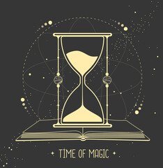 Modern witchcraft magic card with open book and  hourglass. Vector illustration