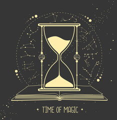 modern witchcraft magic card with open book, hourglass and astrology constellation. horoscope. vecto