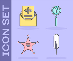 Sticker - Set Feather pen, Subpoena, Hexagram sheriff and Magnifying glass with search icon. Vector.