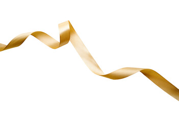 a curly gold ribbon for christmas and birthday present banner isolated against a white background.