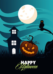 Canvas Print - happy halloween celebration card with haunted house and pumpkin scene