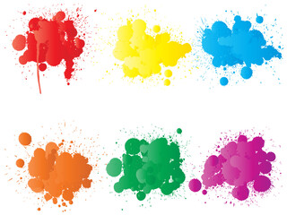 Vector collection of artistic grungy paint drop, hand made creative splash or splatter stroke set isolated white background. Abstract grunge dirty stains group, education or graphic art decoration