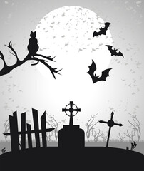 Canvas Print - happy halloween celebration card with bats flying in cemetery scene